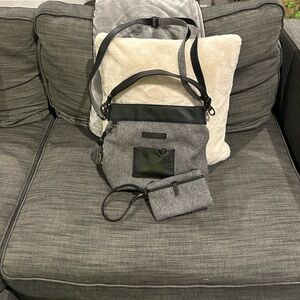 Grey Felted Wool/ Leather Trim Sherpani Cross Body Purse with Coin Purse